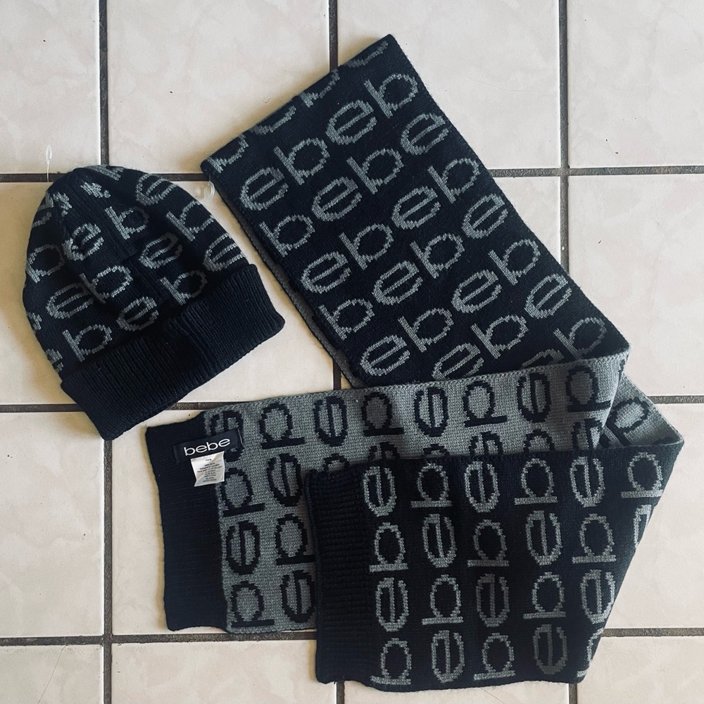 Bebe Monogram Black and Gray  Beanie and Scarf Set, like new!